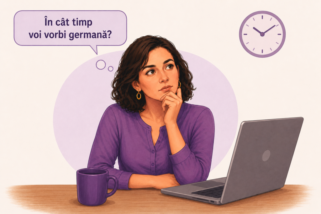 Femeie care se întreabă în cât timp va vorbi germana, cu un ceas alături simbolizând durata învățării