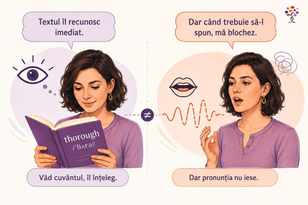 Cum îți îmbunătățești pronunția în engleză — femeie care recunoaște un cuvânt scris, dar se blochează când trebuie să-l pronunțe cu voce tare