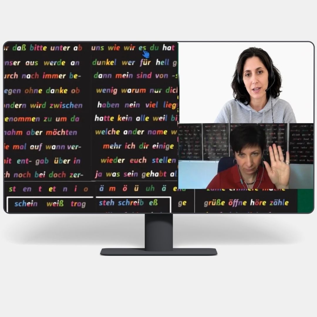 Lecție individuală de germană la Cursevo, cu profesoara ghidând cursanta prin panoul de cuvinte Silent Way pe Zoom