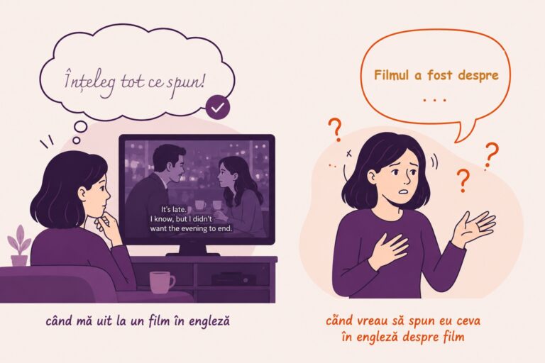 Ilustrație comparativă: femeie care înțelege perfect un film în engleză, dar se blochează când vrea să vorbească despre el
