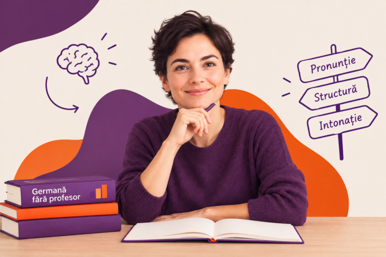 Femeie zâmbind la birou cu cărți „fără profesor” și indicator cu pronunție, structură și intonație — cum înveți o limbă străină singur