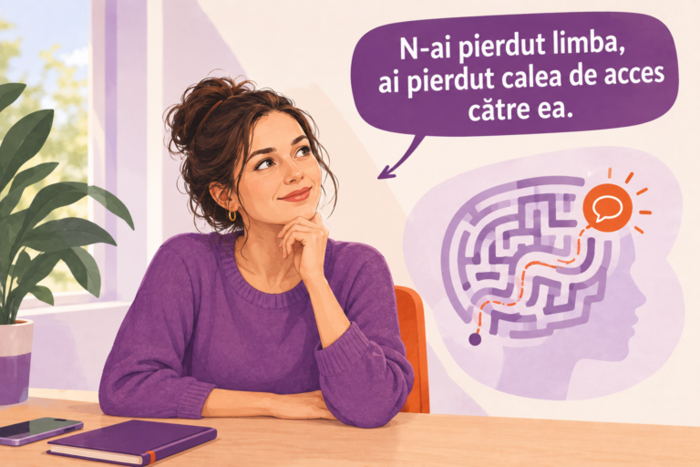 Femeie care își amintește cum recuperezi o limbă străină uitată, ilustrată printr-un labirint în formă de creier
